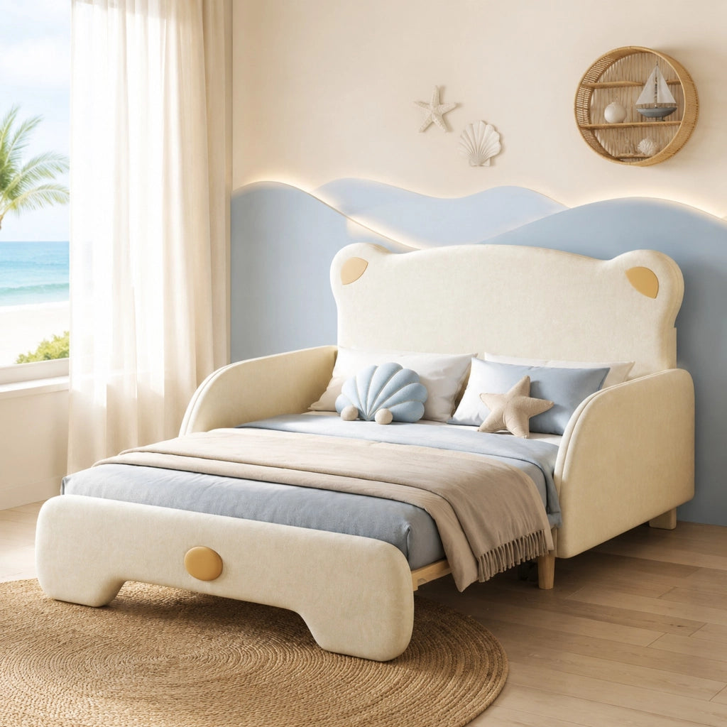 Letto matrimoniale imbottito a forma di orso con secondo letto estraibile; in velluto beige