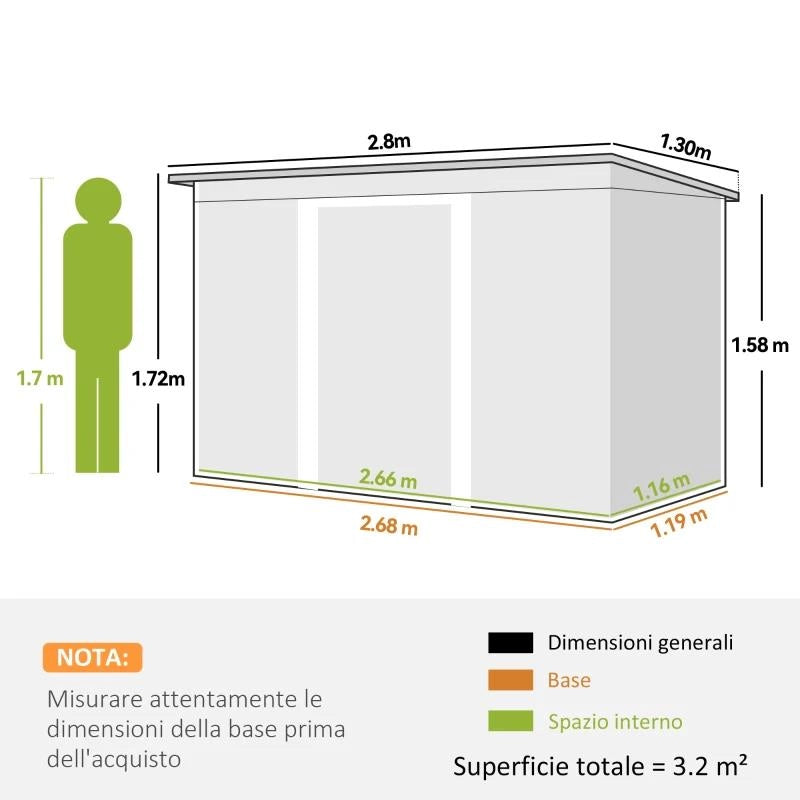 RIPOSTIGLIO DA GIARDINO IN ACCIAIO CON 2 PRESE D'ARIA E 2 PORTE SCORREVOLI, 280X130X172 CM, MARRONE LEGNO
