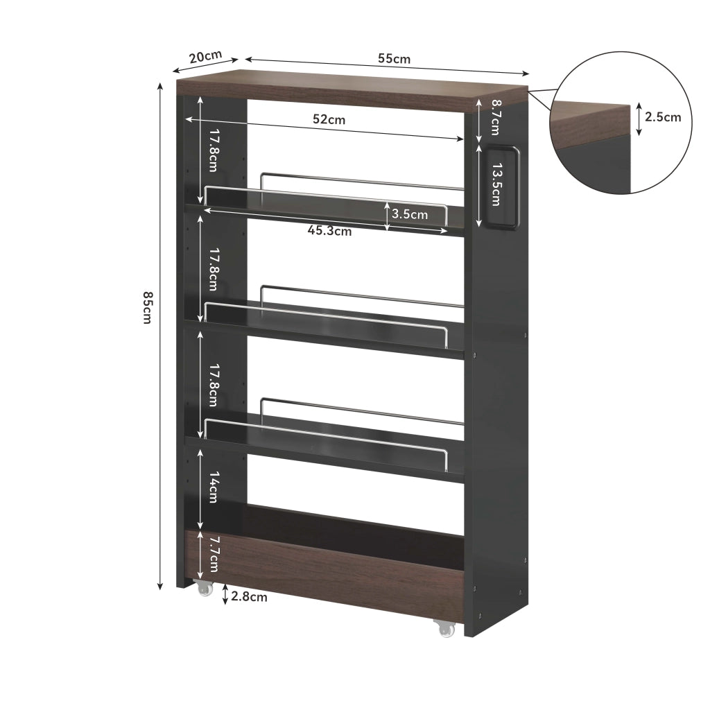Carrello contenitore con 4 ripiani regolabili; 4 ruote; per cucina e bagno; 55 × 20 × 85 cm