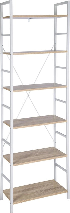 Cassettiera a 6 Livelli - Armadio a Soglia - Comodino - Ladder con Ripiano - Illuminato in Abete Bianco 60x28x180 cm