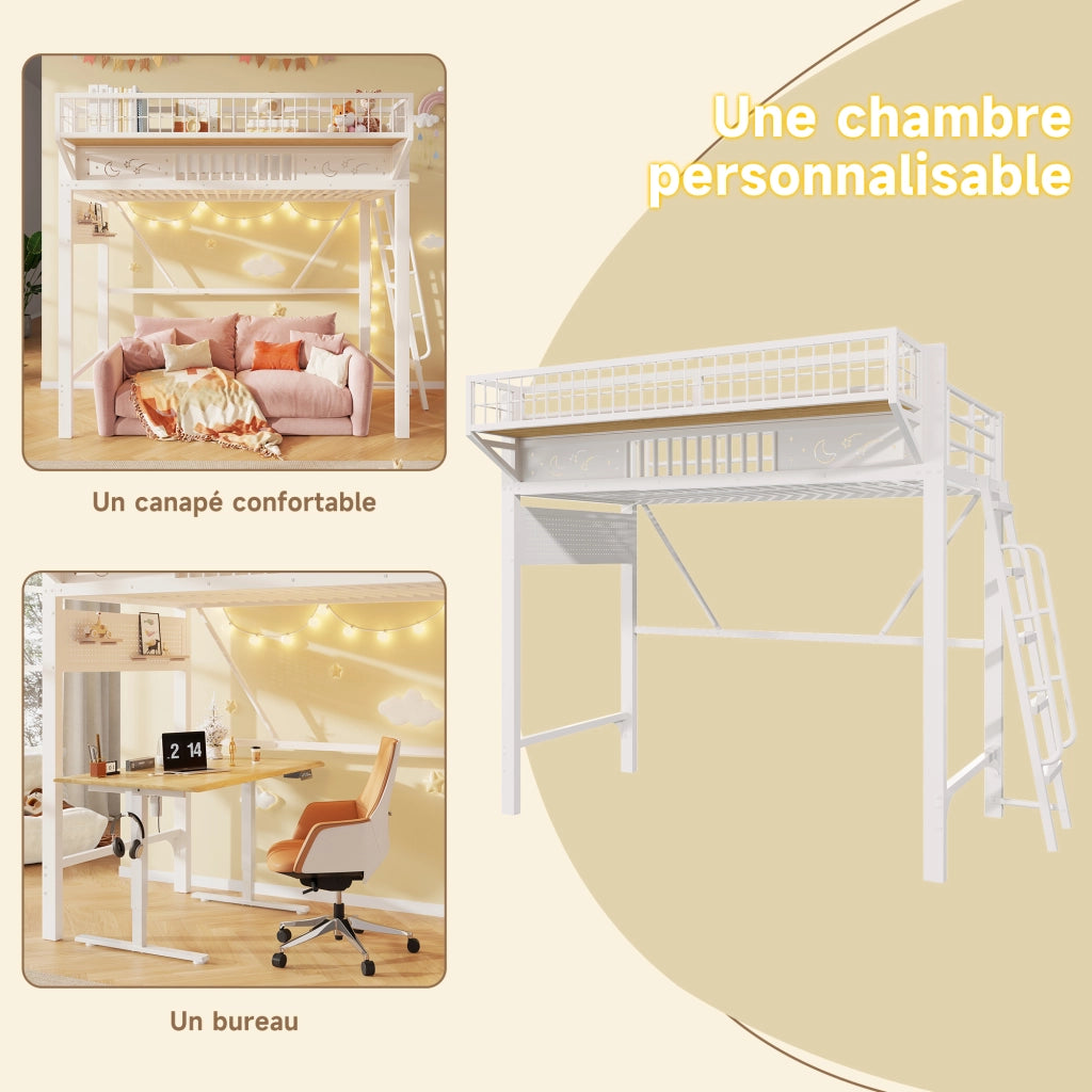 Letto a soppalco 90x200 cm, letto alto con ripiani portaoggetti e spazio aperto sottostante, metallo bianco
