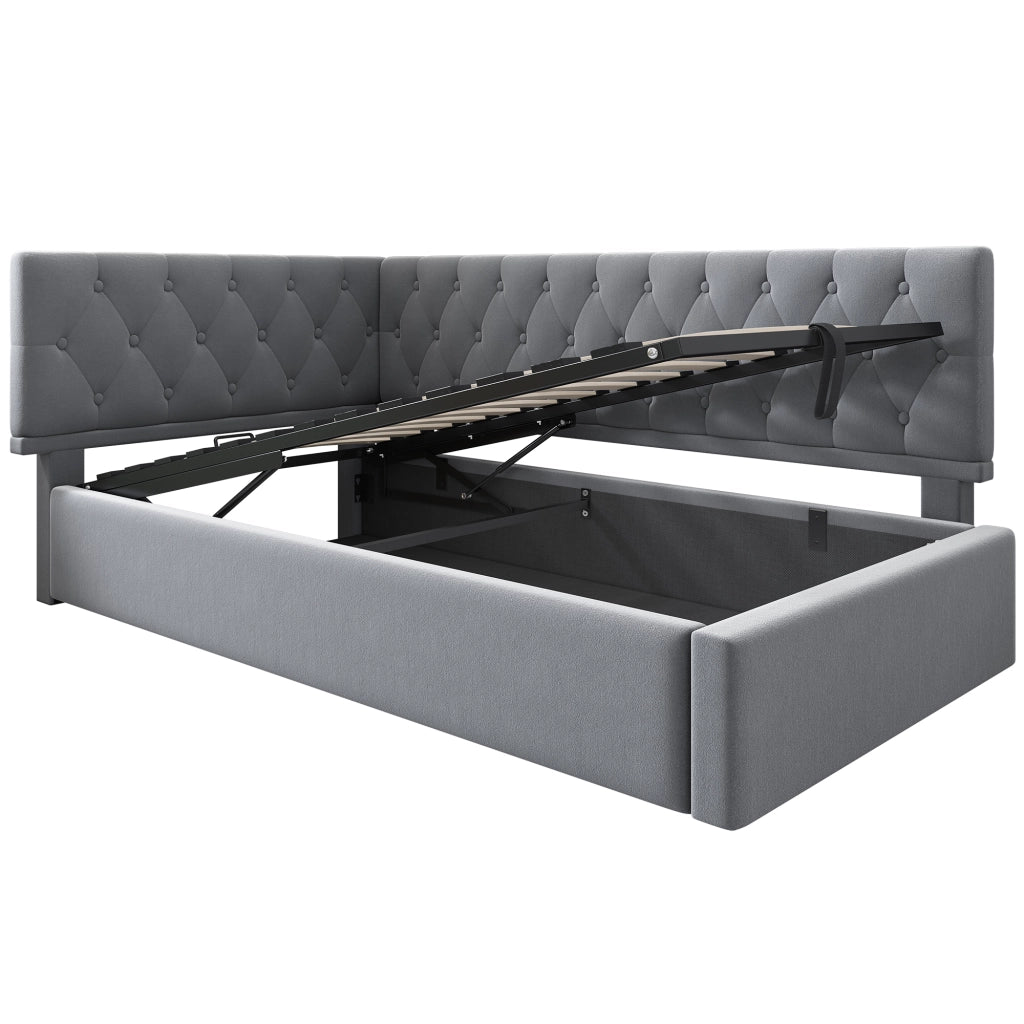 Letto contenitore singolo 90×200 cm con testiera reversibile e rete; senza materasso; velluto; grigio