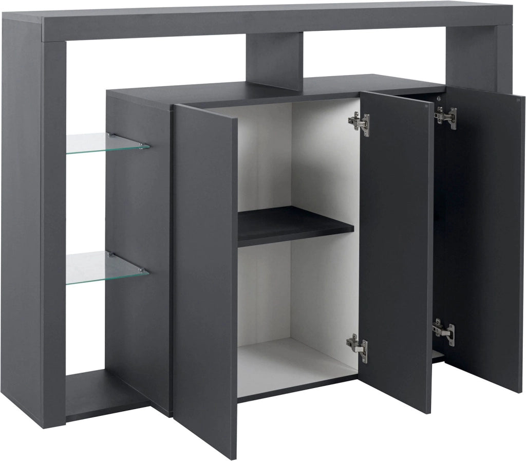 Credenza con 3 Ante e Ripiani in Vetro a Giorno 150x40x100 cm Essential 3A Grigio Antracite Opaco