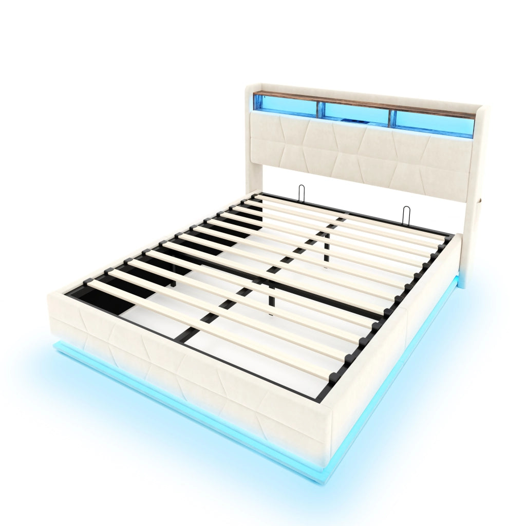 Letto matrimoniale 140x200 cm in velluto beige con LED; contenitore nella testiera e presa USB Type-C