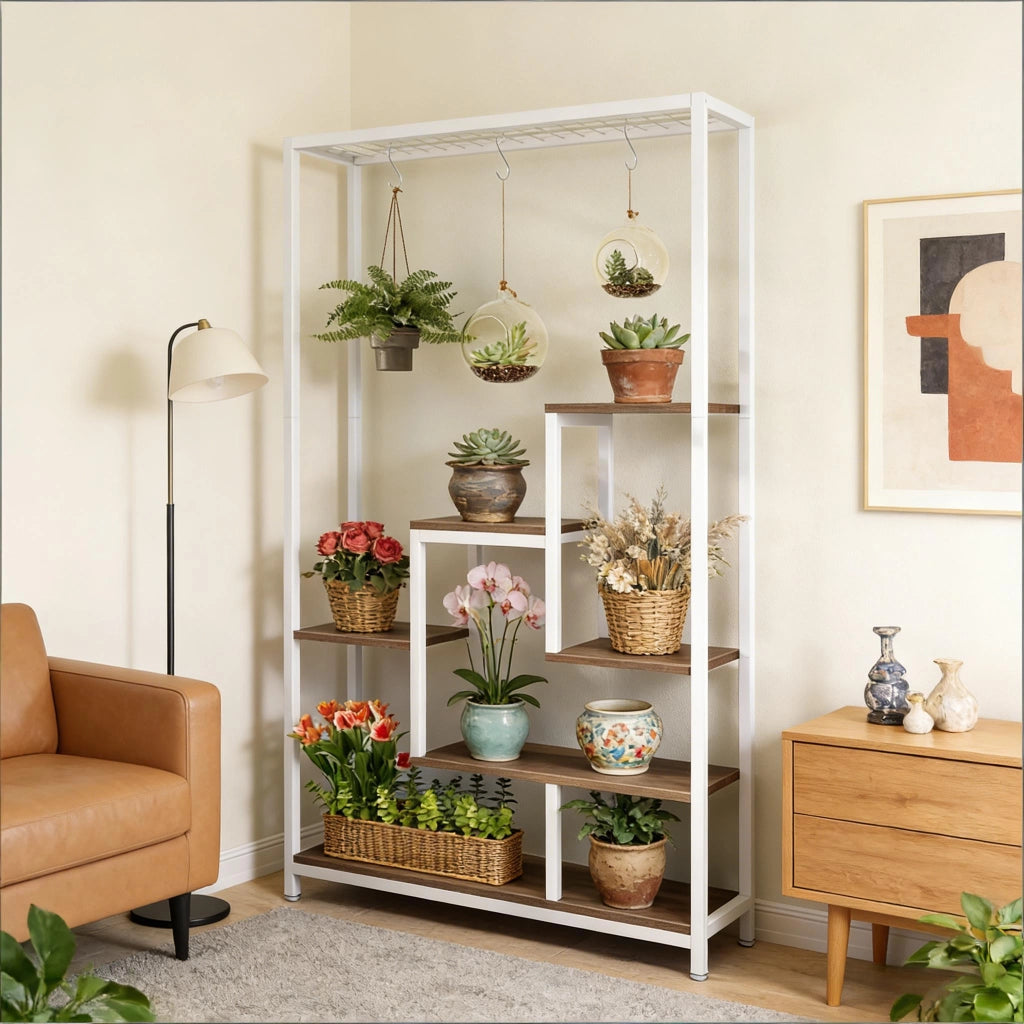 Piantana portavasi a 7 ripiani in metallo e legno, beige e bianco