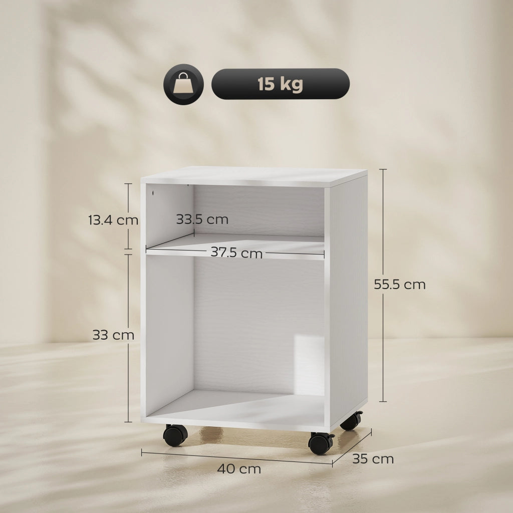 Mobile Porta Stampante con Ruote e 2 Ripiani Aperti in Legno, 40x35x55.5 cm, Bianco