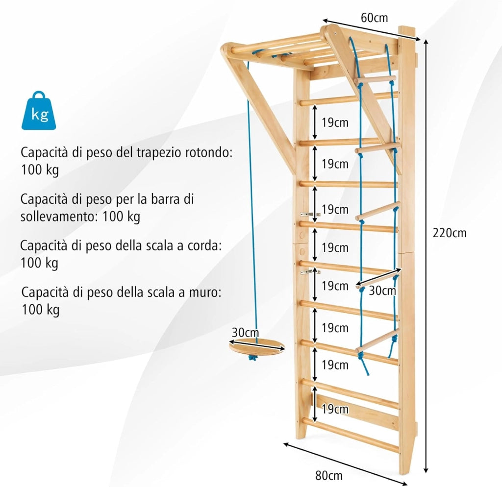 Spalliera Svedese in Legno, Scala Svedese Adulti e Bambini con 13 Barre, Scala a Corda e Trapezio Rotondo, Spalliera per Fitness e Fisioterapia da Palestra e Casa, Portata 100 kg
