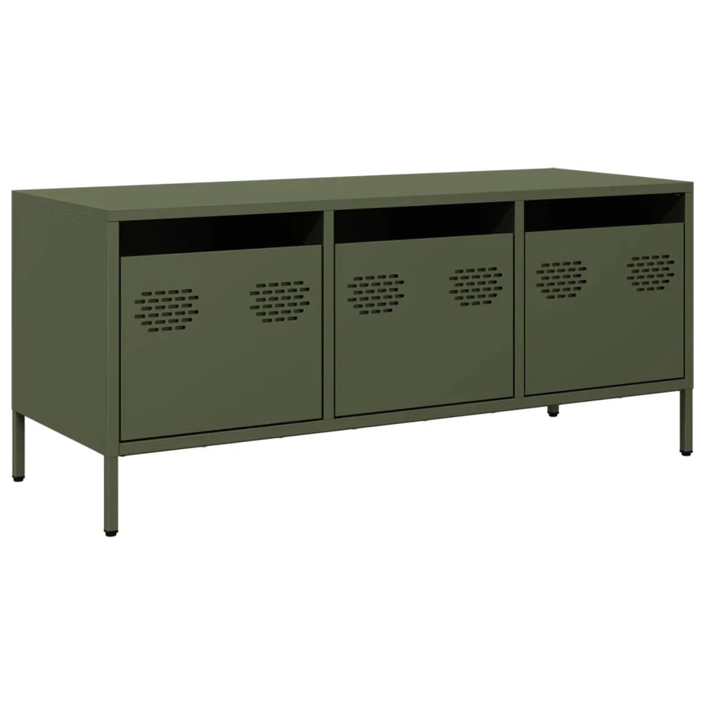 Mobile TV multimediale scaffale TV credenza TV sala da pranzo soggiorno camera da letto verde oliva 101,5 x 39 x 43,5 cm acciaio laminato a freddo verde 02_0028254