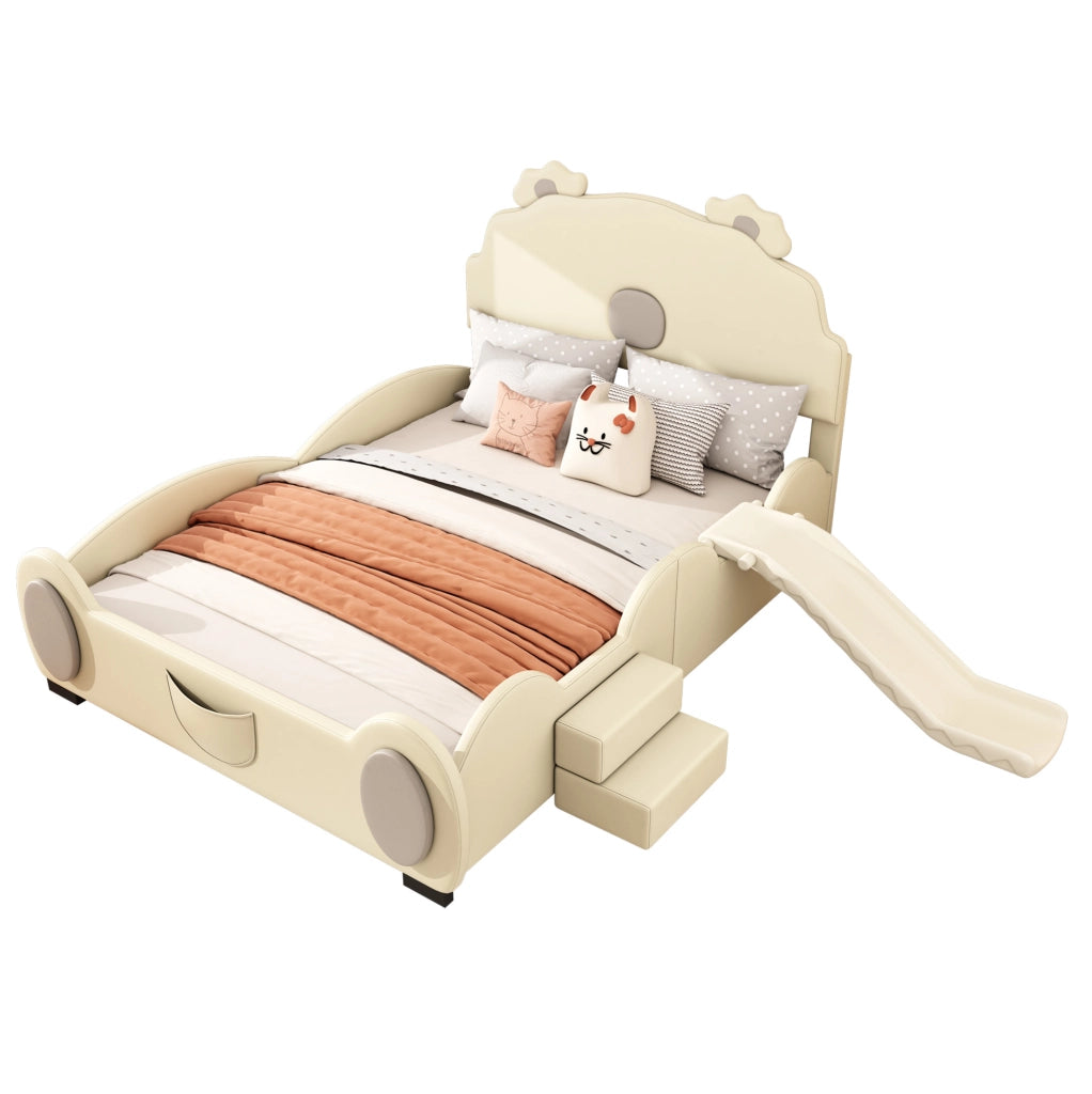 Letto per bambini 140x200 cm con scivolo e scala; PU; beige