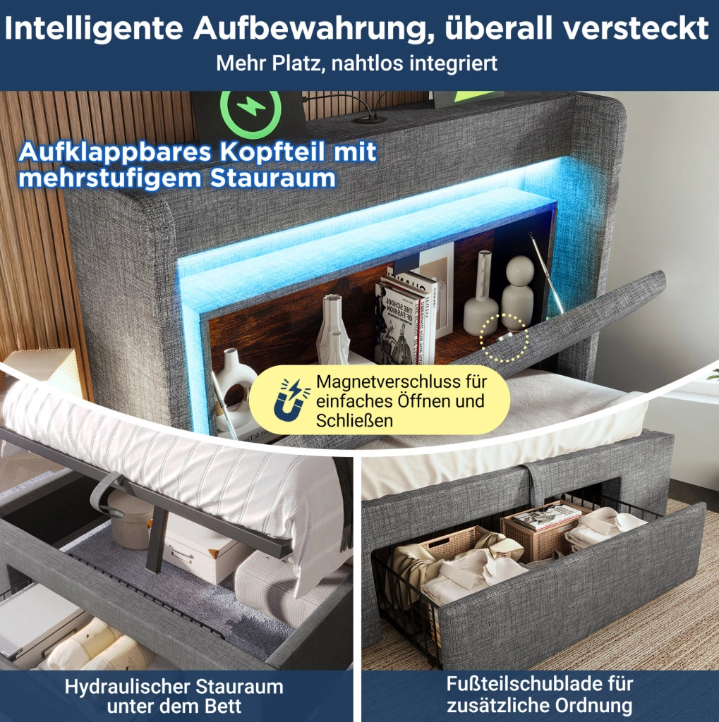 Letto imbottito 90x200 cm grigio con contenitore idraulico, LED, USB e materasso