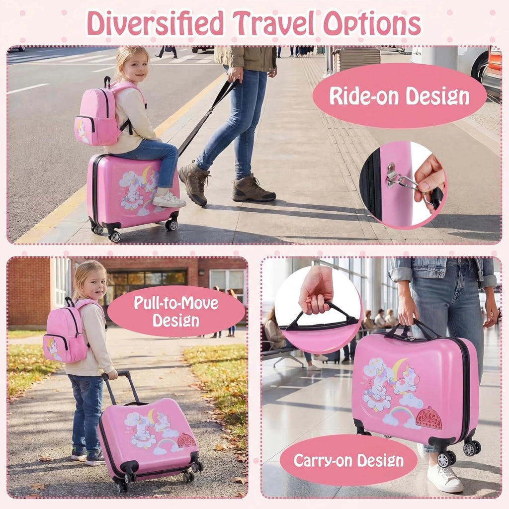 Set di Valigia Cavalcabile 18’’ + Zaino 12’’ per Bambini 2 Pezzi, Bagagli 2-in-1 di con Maniglia Telescopica e 4 Ruote, Trolley Bagaglio a Mano e Zaino per Bambini (Rosa Unicorno)