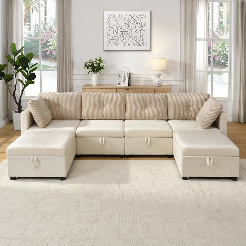 Divano modulare a U 6 posti con contenitore e cuscini, in velluto e cordino Beige