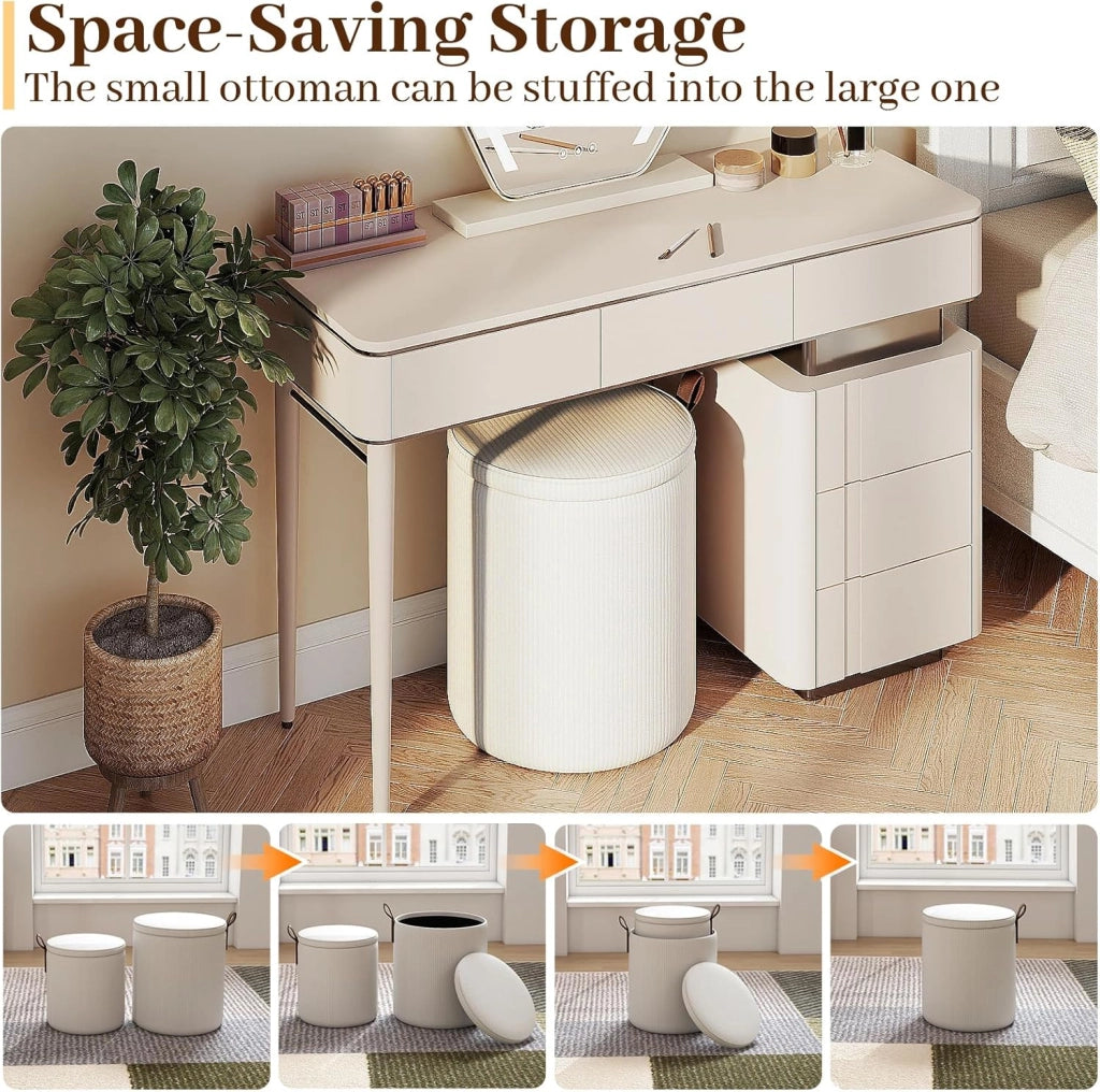 Set di 2 Pouf Contenitore, Poggiapiedi per Soggiorno in Velluto con Coperchi Rimovibili, Sedute Imbottite, Sgabello da Trucco 40 L+25 L, Portata 150 KG, Grigio/Bianco (Bianco)