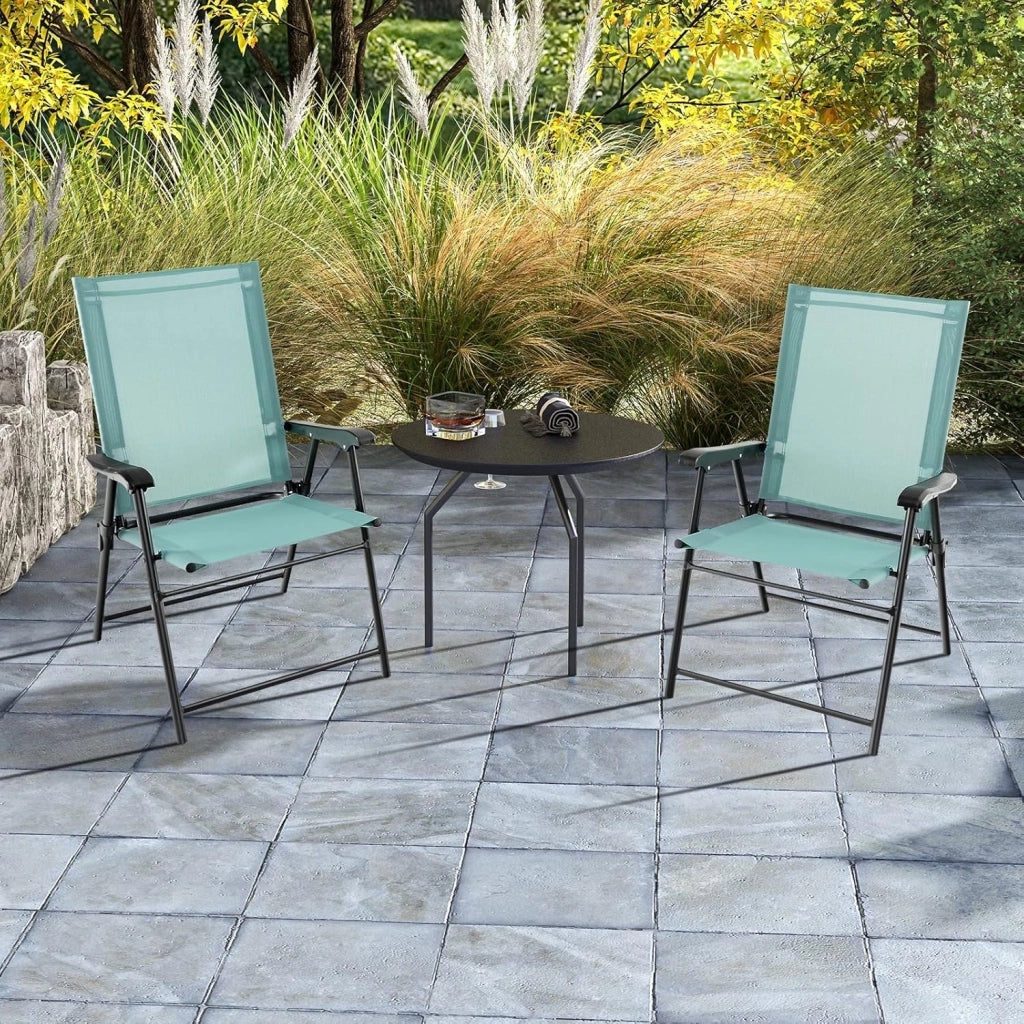 Set di 2 sedie da giardino pieghevoli, con schienale alto e bracciolo, resistenti alle intemperie, in metallo e tessuto, portata fino a 150 kg (verde menta)