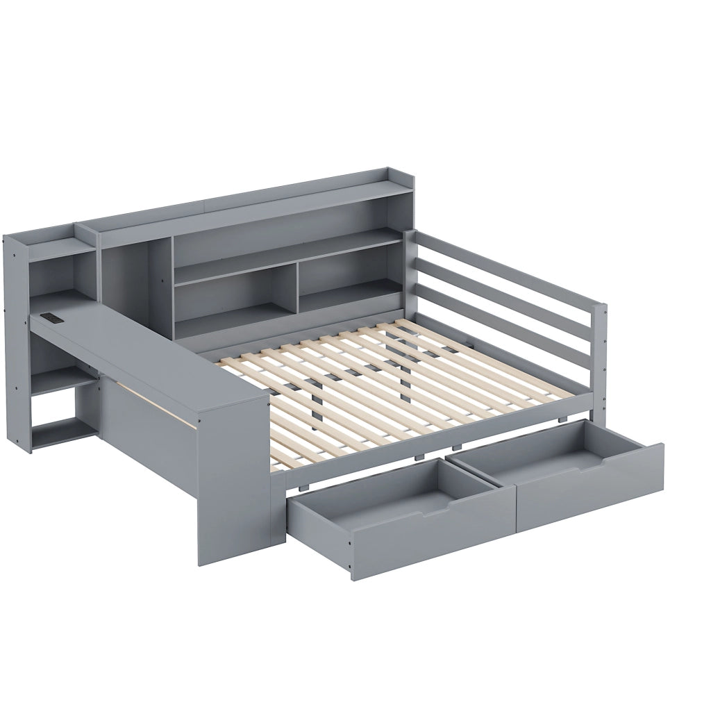 Divano letto multifunzione 140x200 cm con scrivania; libreria; 2 cassetti e prese USB; grigio