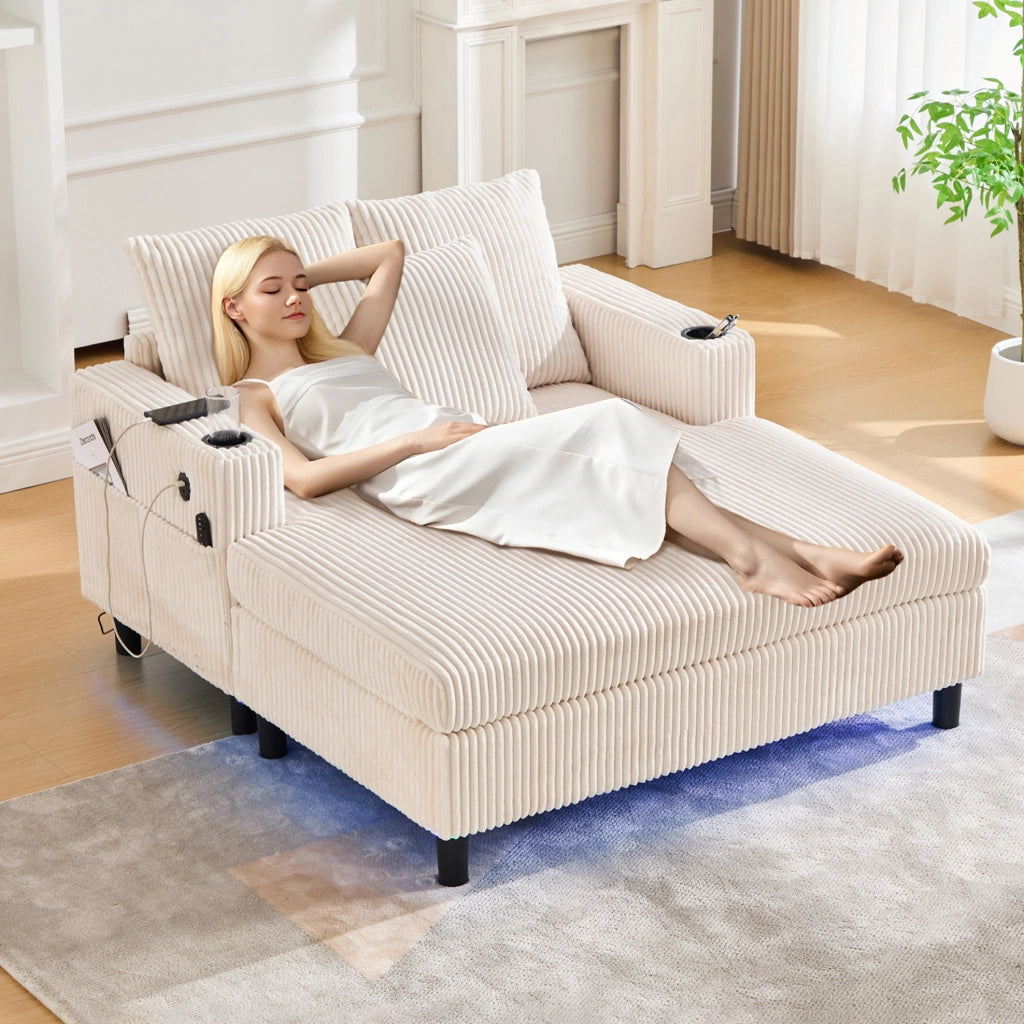 Poltrona relax 142x128x85 cm con LED; USB e portabicchiere in velluto a coste beige