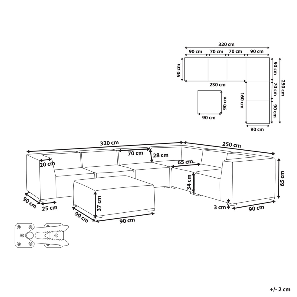 Set divano ad angolo per interni ed esterni con rivestimento in tessuto grigio a 7 posti con divano da giardino ottomana sinistro