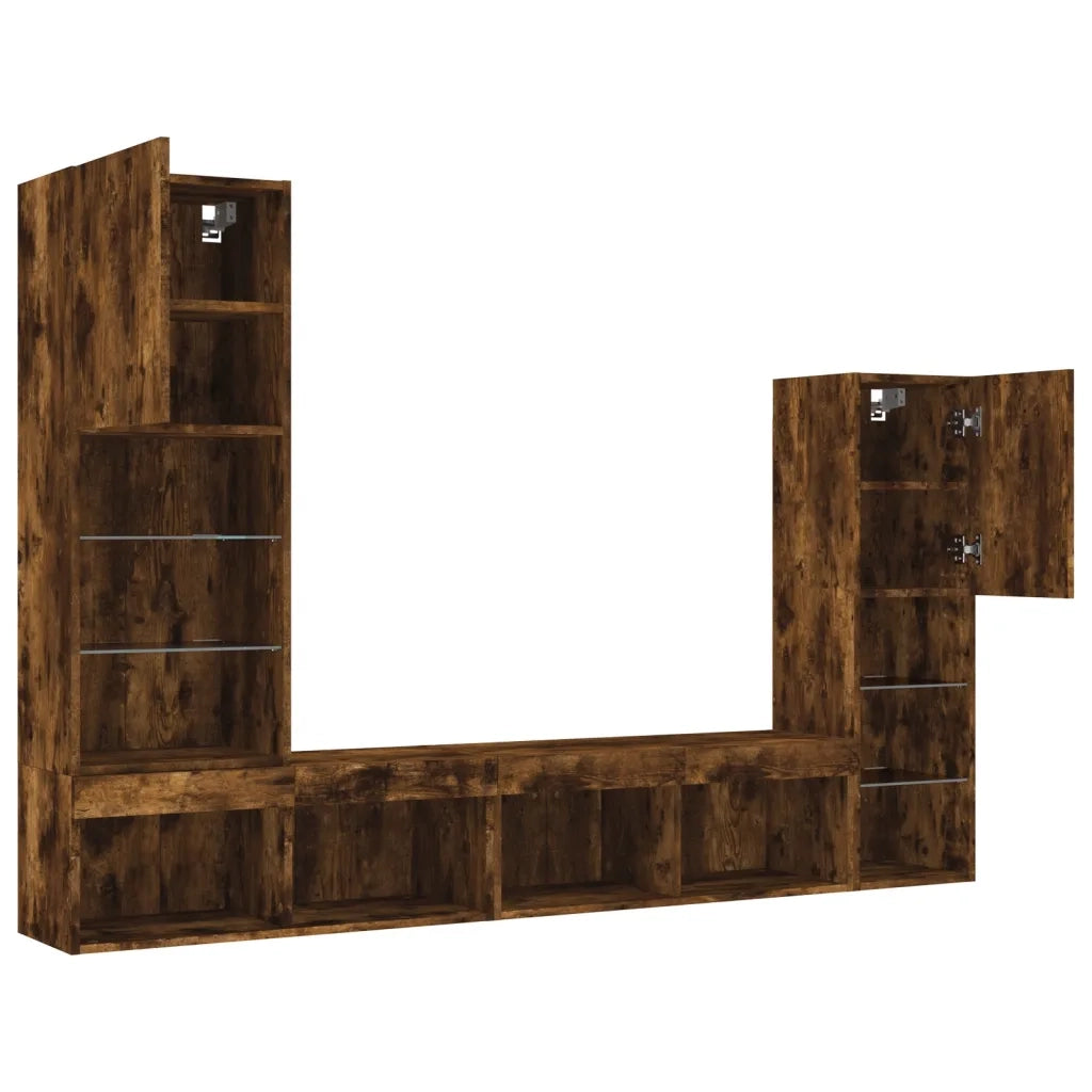 Mobili TV a Muro con LED 4pz Rovere Fumo in Legno Multistrato
