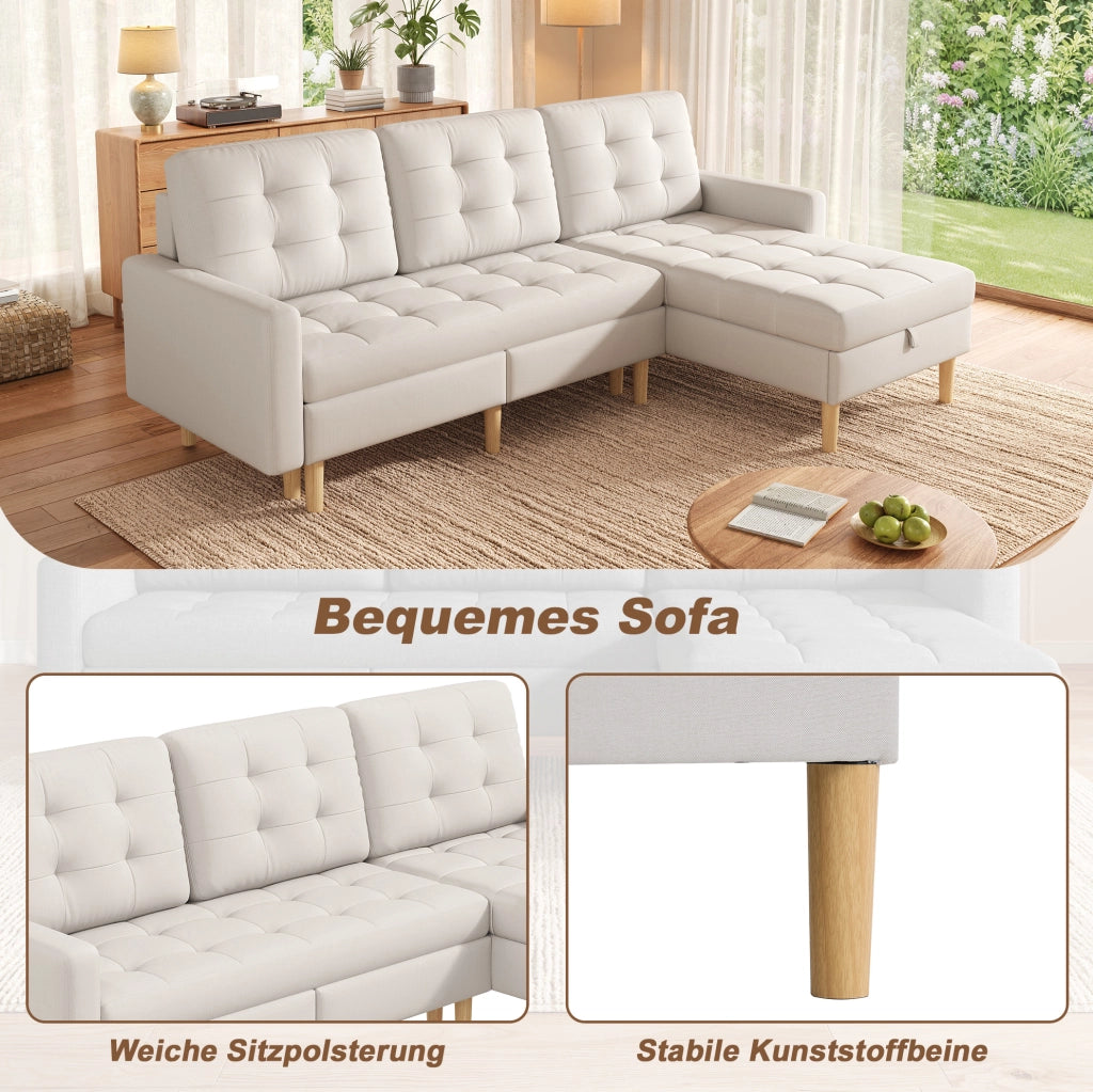 Divano angolare a L beige con chaise longue reversibile e vani contenitore 212x130x86 cm