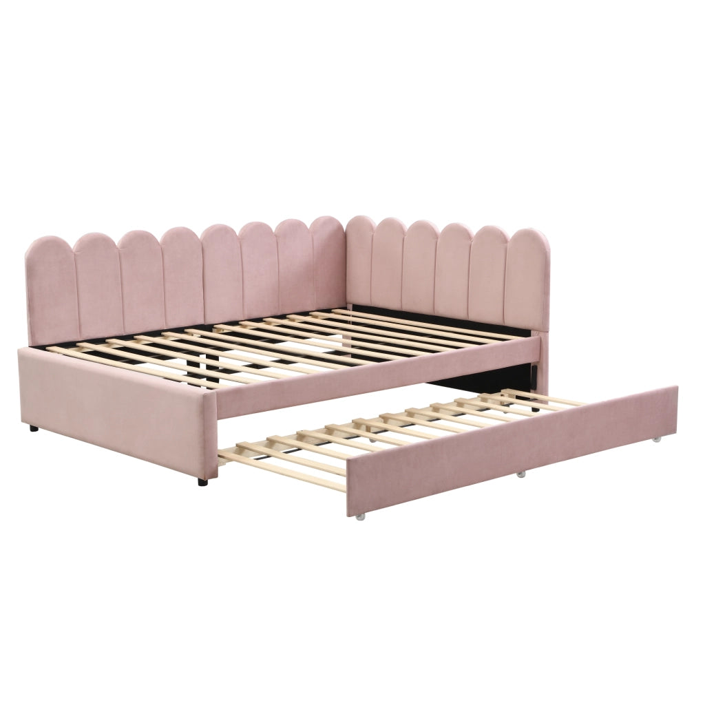 OKWISH Letto a Scomparsa 140×200 cm, Letto Matrimoniale con Letto Estraibile, Design a L e Schienale a Petali, senza Materasso, Rosa