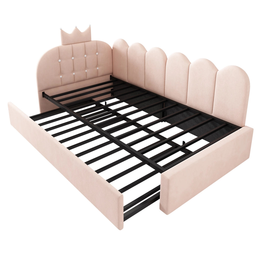 Letto daybed a L con letto estraibile 90x200 cm in velluto rosa; design corona e griglia