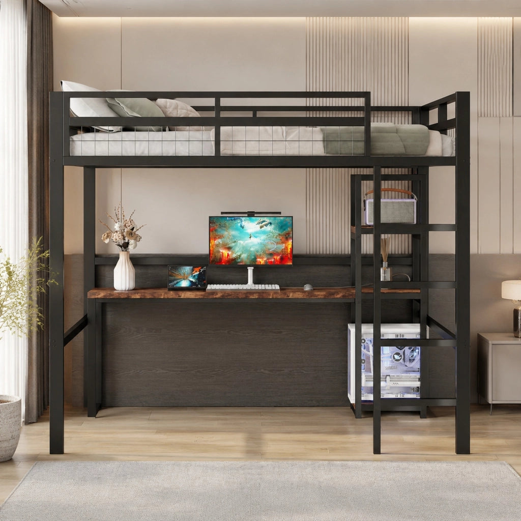 DESMIU Letto a Soppalco 2 Posti con Mensole, Scrivania, Presa, USB e USB-C 140 × 200 cm, senza Materasso