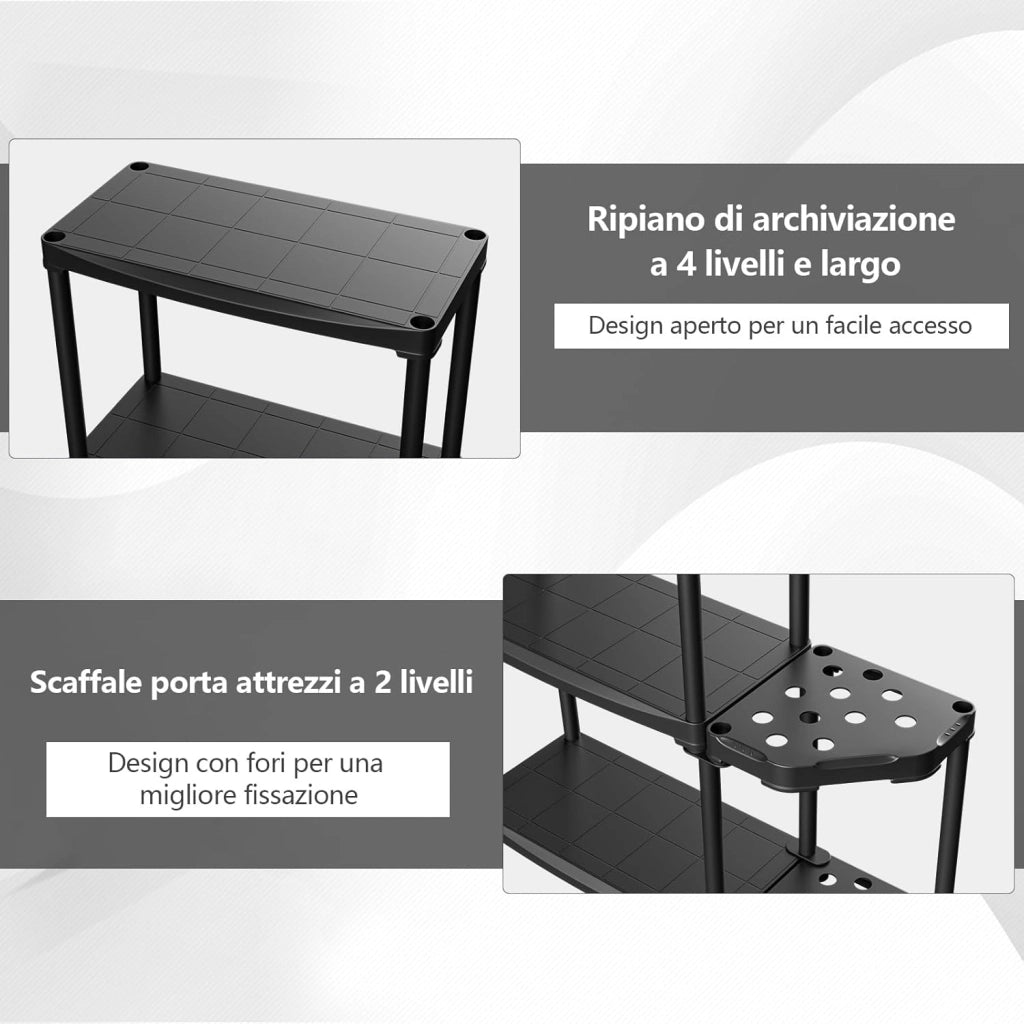 Scaffale per Garage a 4 Livelli con Portautensili, Scaffale di Stoccaggio Aperto con Supporto per Portautensili a 12 Fori per Attrezzi, per Magazzino Ripostiglio Seminterrato