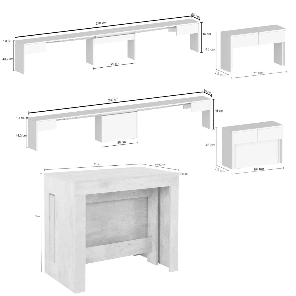 Set tavolo e sedie Auditore, Composizione multiuso, Set con consolle e 2 panche allungabili, 100% Made in Italy, 66x25h45 cm, Cemento