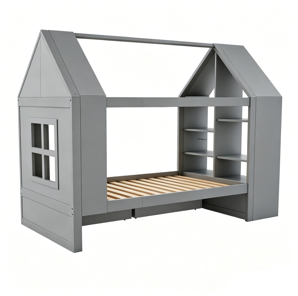 Letto per bambini 90x200 cm con cassetti, LED e vani contenitivi grigio