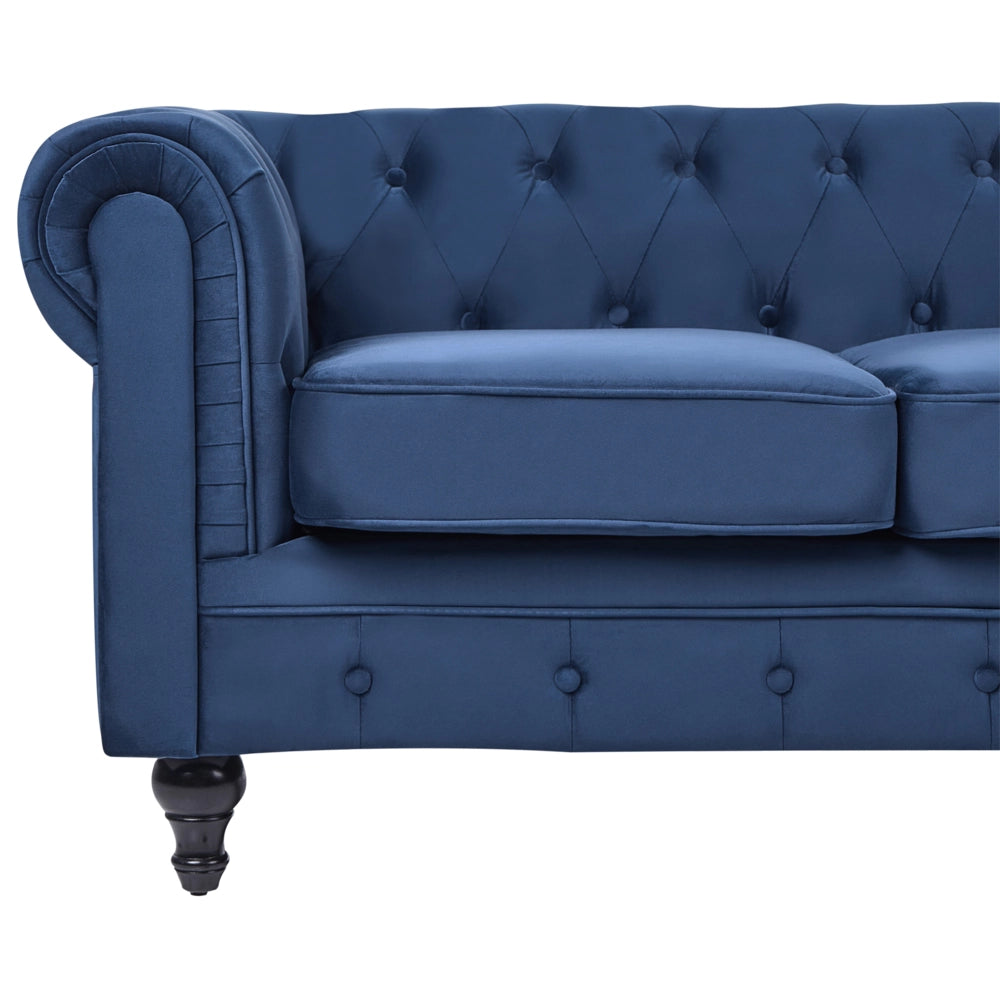 Divano Chesterfield Tessuto Velluto Blu Rivestimento Gambe Nere 3 Posti Contemporaneo