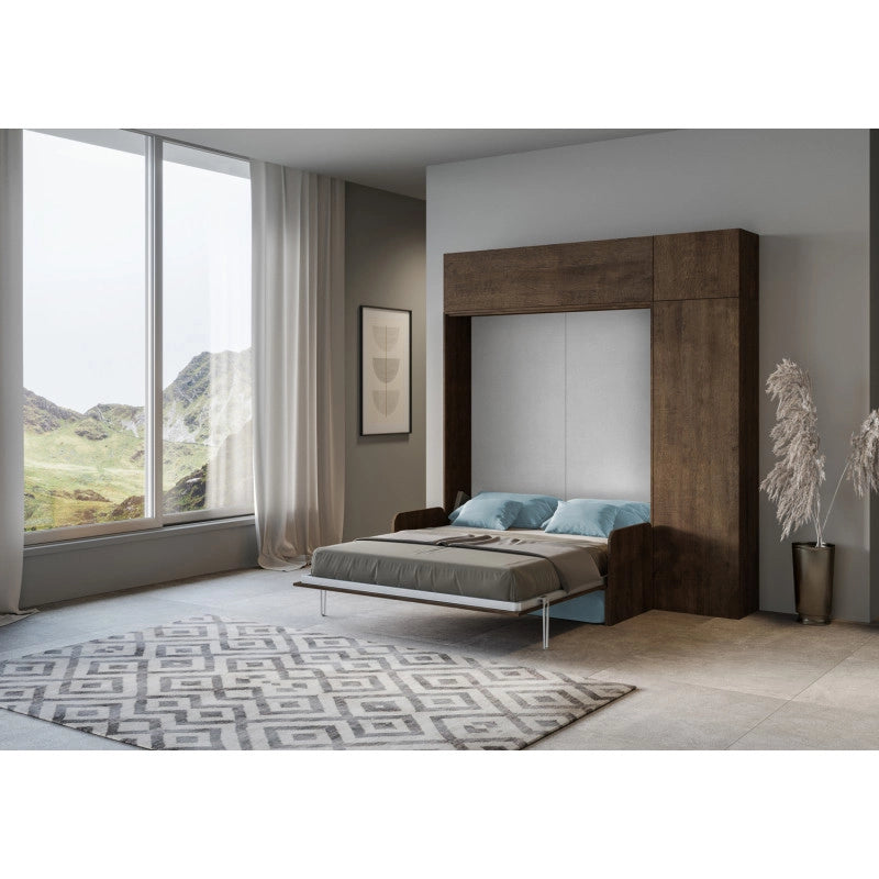 Letto matrimoniale a scomparsa 160 Kentaro con divano e mobili , azzurro - Noce