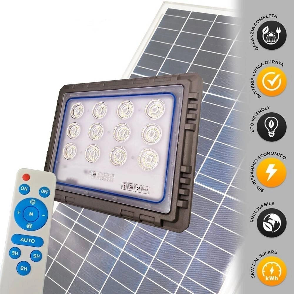 Trade Shop - Faro 200 Watt Con Pannello Solare Luce Forte Telecomando Batteria Lunga Durata -