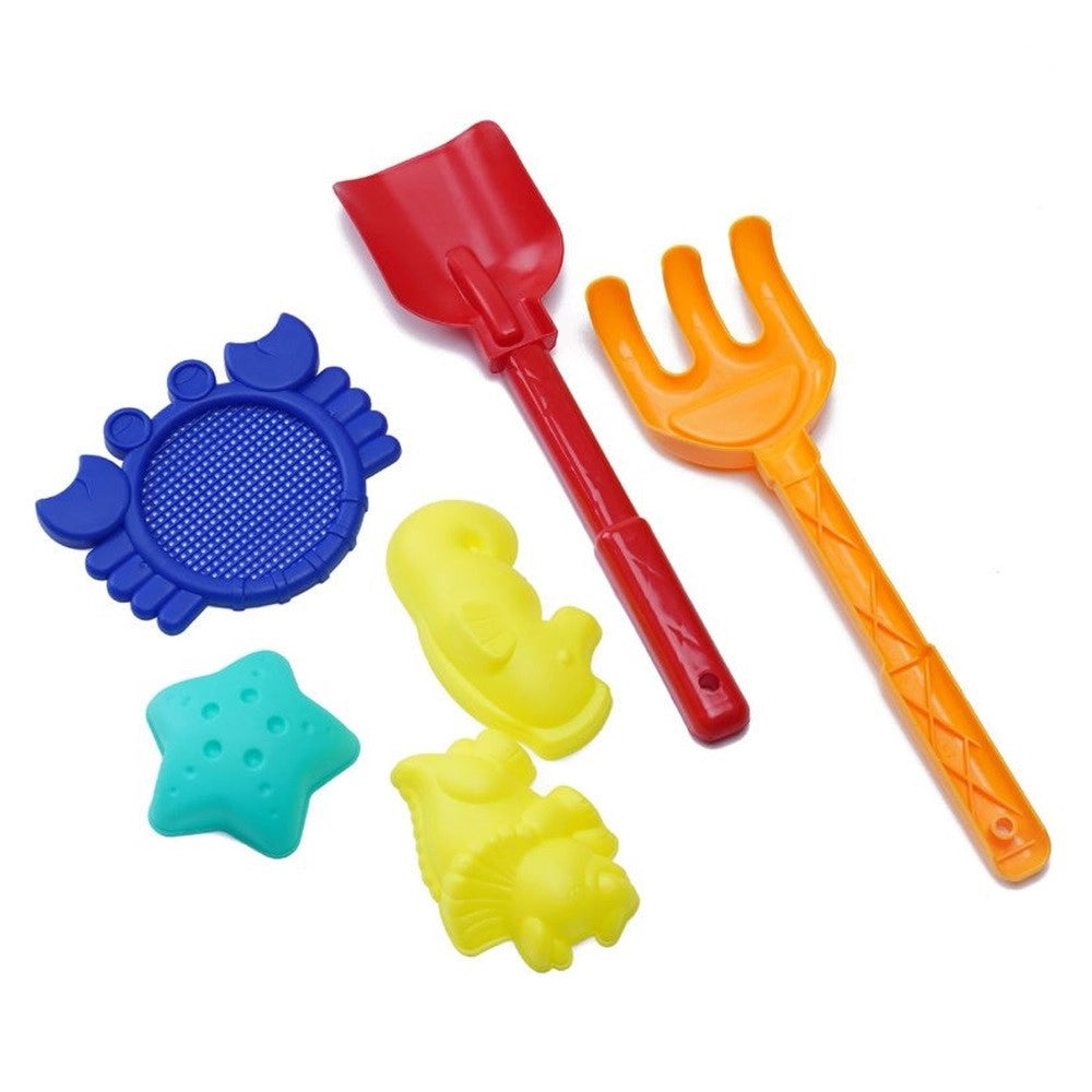 Trade Shop - Set 6pz Giochi Bambini Mare Spiaggia Con Paletta Rastrello 28cm Formine Setaccio 258330 -