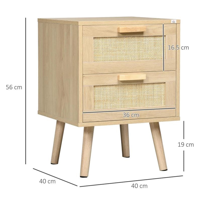 COMODINO PER CAMERA DA LETTO CON 2 CASSETTI IN STILE BOHO, 40X40X56CM, COLORE LEGNO NATURALE