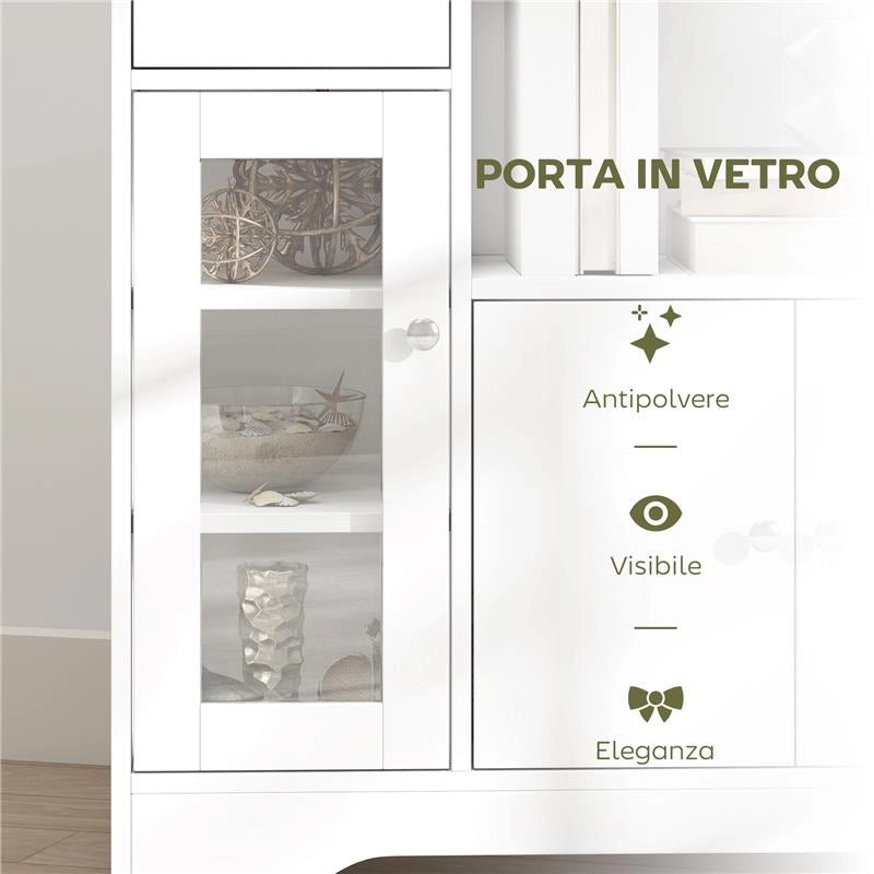CREDENZA BUFFET CON VANO APERTO, CASSETTO, 3 RIPIANI E ARMADIETTO A 2 ANTE, IN LEGNO, 80X30X82 CM, BIANCO