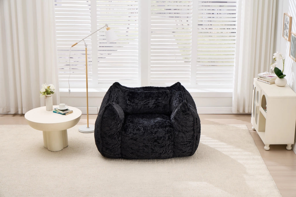Pouf poltrona in pelliccia sintetica con schienale ergonomico e imbottitura in schiuma senza montaggio nero