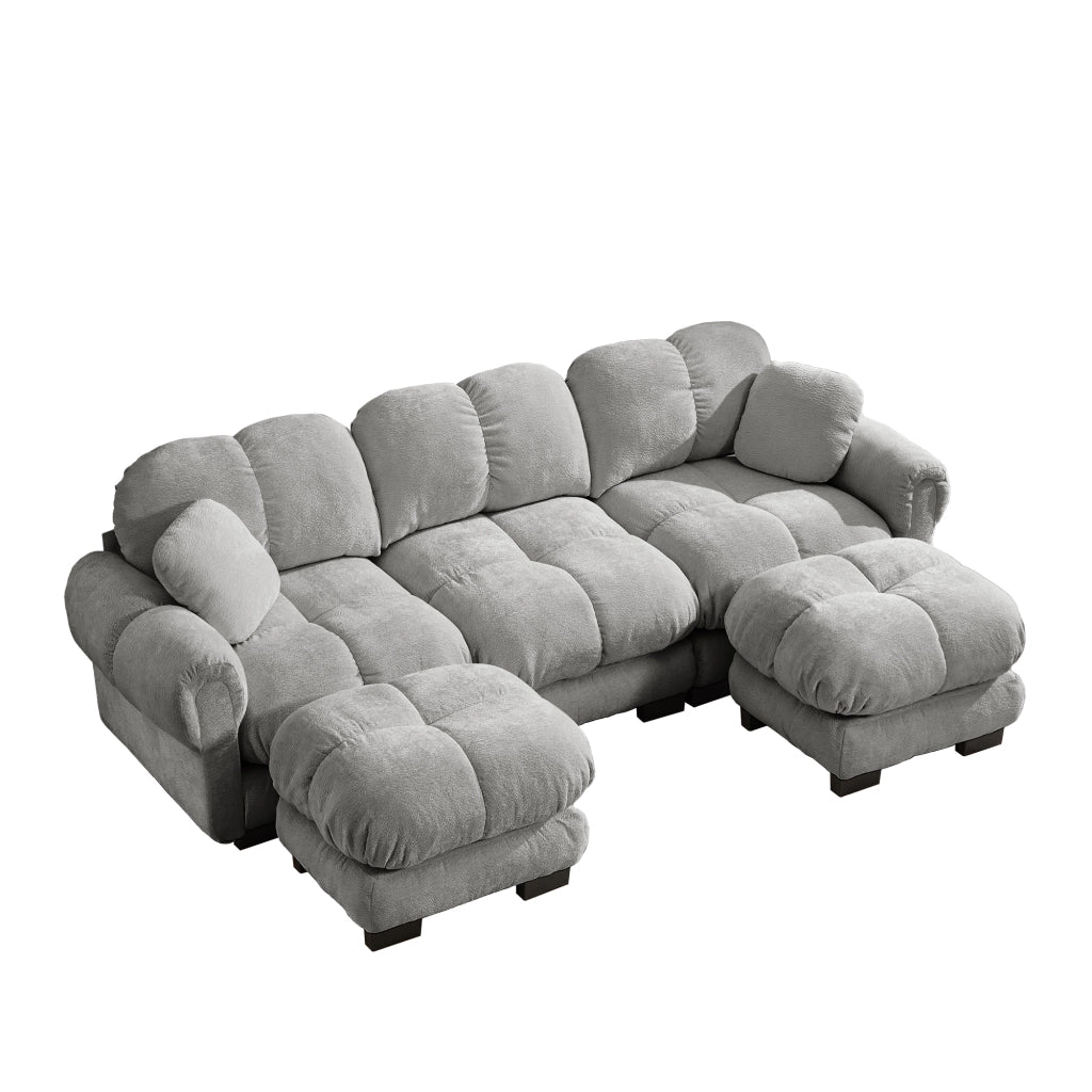 Divano modulare a U 3 posti con pouf mobile e cuscini decorativi; trapuntatura; in ciniglia grigio chiaro