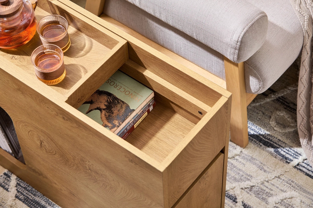 SoBuy Comodino con cassetto e vassoio Tavolino divano Tavolino stretto da soggiorno Naturale 25x70x55 cm cm FBT158-N