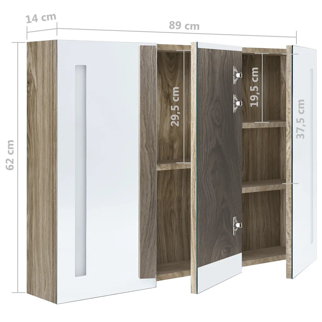 Armadietto Bagno | Armadio da bagno con Specchio e LED 89x14x62 cm Rovere