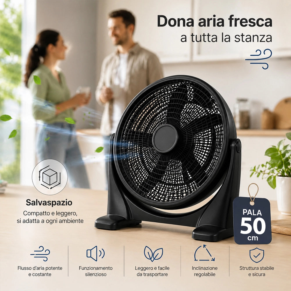 Ventilatore da Pavimento 51 cm Nero Pala 50 cm Base Anti Ribaltamento 3 Velocità