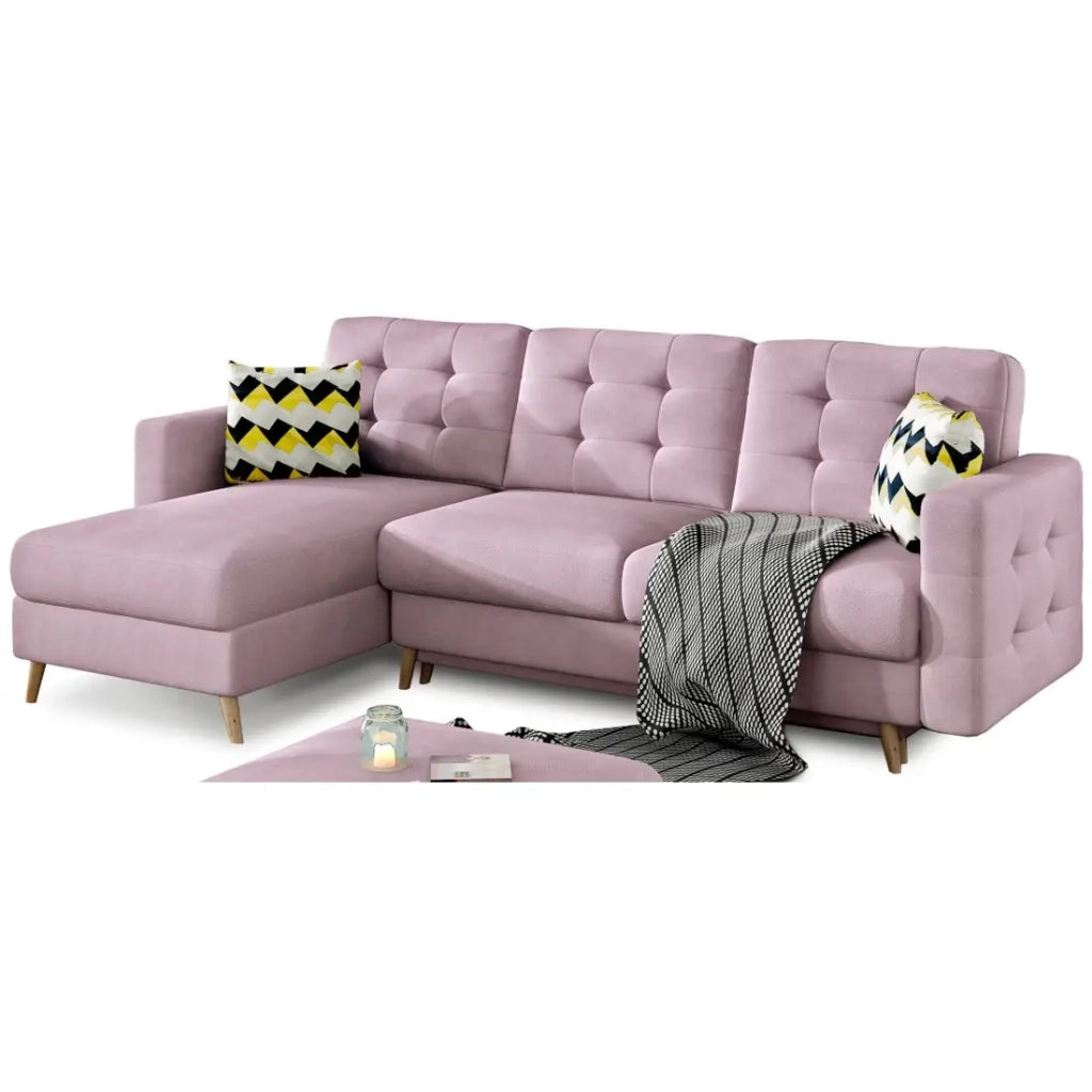 Divano angolare convertibile HASGARD 3 posti rosa 248x162 cm – con vano contenitore e piedi in legno