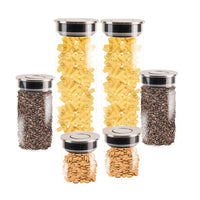 MA MAISON FOODIE SET 6 BARATTOLI DA CUCINA IN VETRO CON COPERCHIO CROMATO INOX A CHIUSURA ERMETICA 10X12H CM - 10X19H CM - 10X31H CM