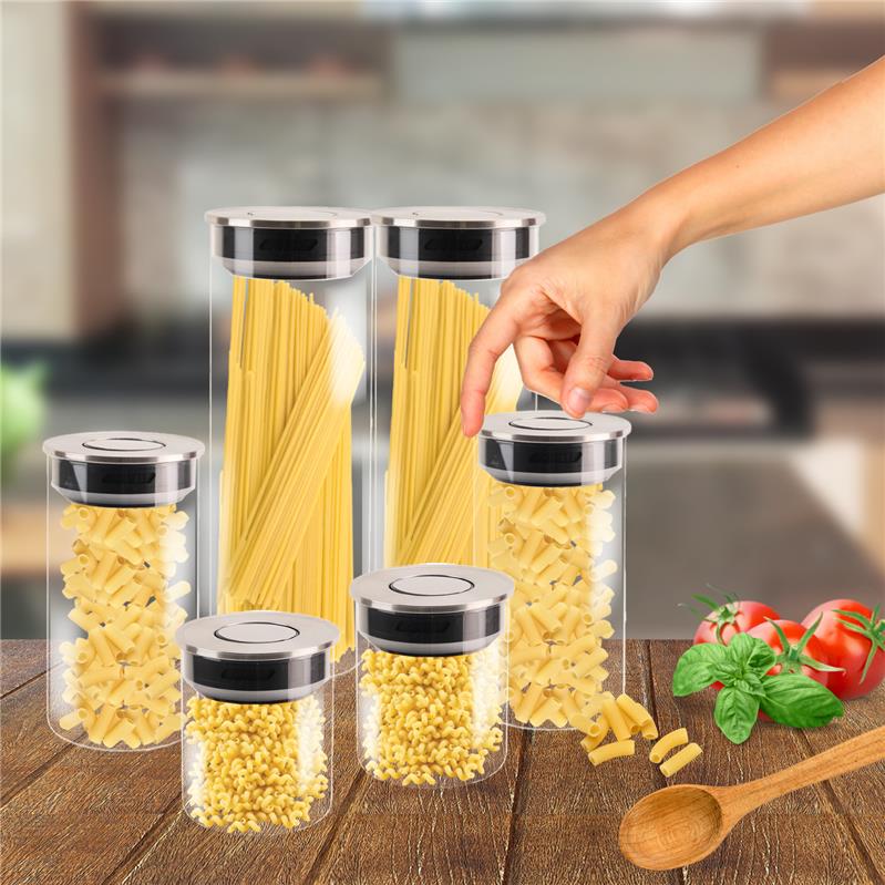 MA MAISON FOODIE SET 6 BARATTOLI DA CUCINA IN VETRO CON COPERCHIO CROMATO INOX A CHIUSURA ERMETICA 10X12H CM - 10X19H CM - 10X31H CM
