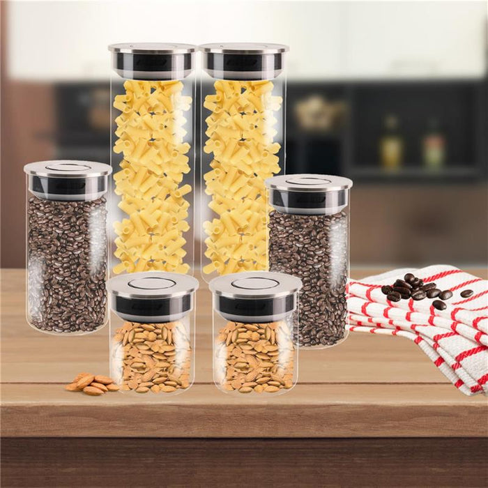 MA MAISON FOODIE SET 6 BARATTOLI DA CUCINA IN VETRO CON COPERCHIO CROMATO INOX A CHIUSURA ERMETICA 10X12H CM - 10X19H CM - 10X31H CM