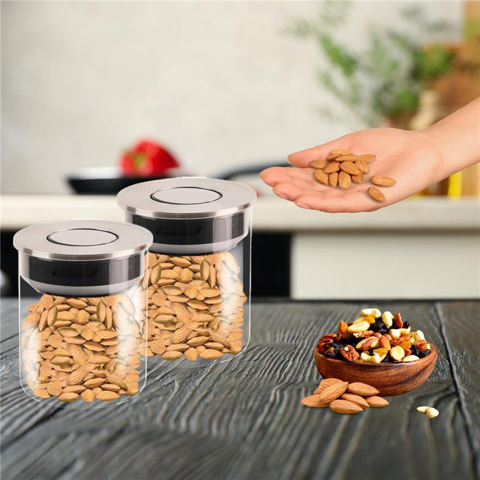 MA MAISON FOODIE SET 6 BARATTOLI DA CUCINA IN VETRO CON COPERCHIO CROMATO INOX A CHIUSURA ERMETICA 10X12H CM - 10X19H CM - 10X31H CM