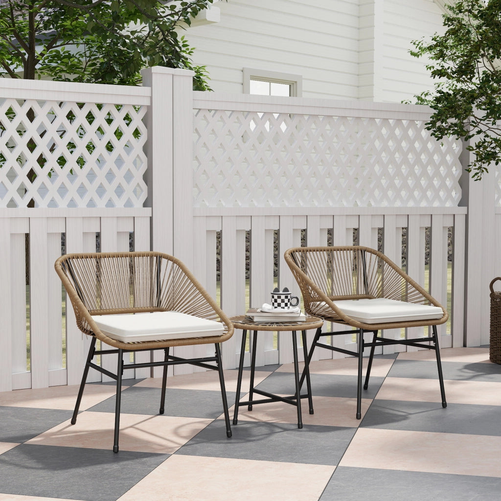 Set da Giardino 3 Pezzi in Rattan PE e Acciaio con 2 Sedie con Cuscini e Tavolino Rotondo, Multicolore
