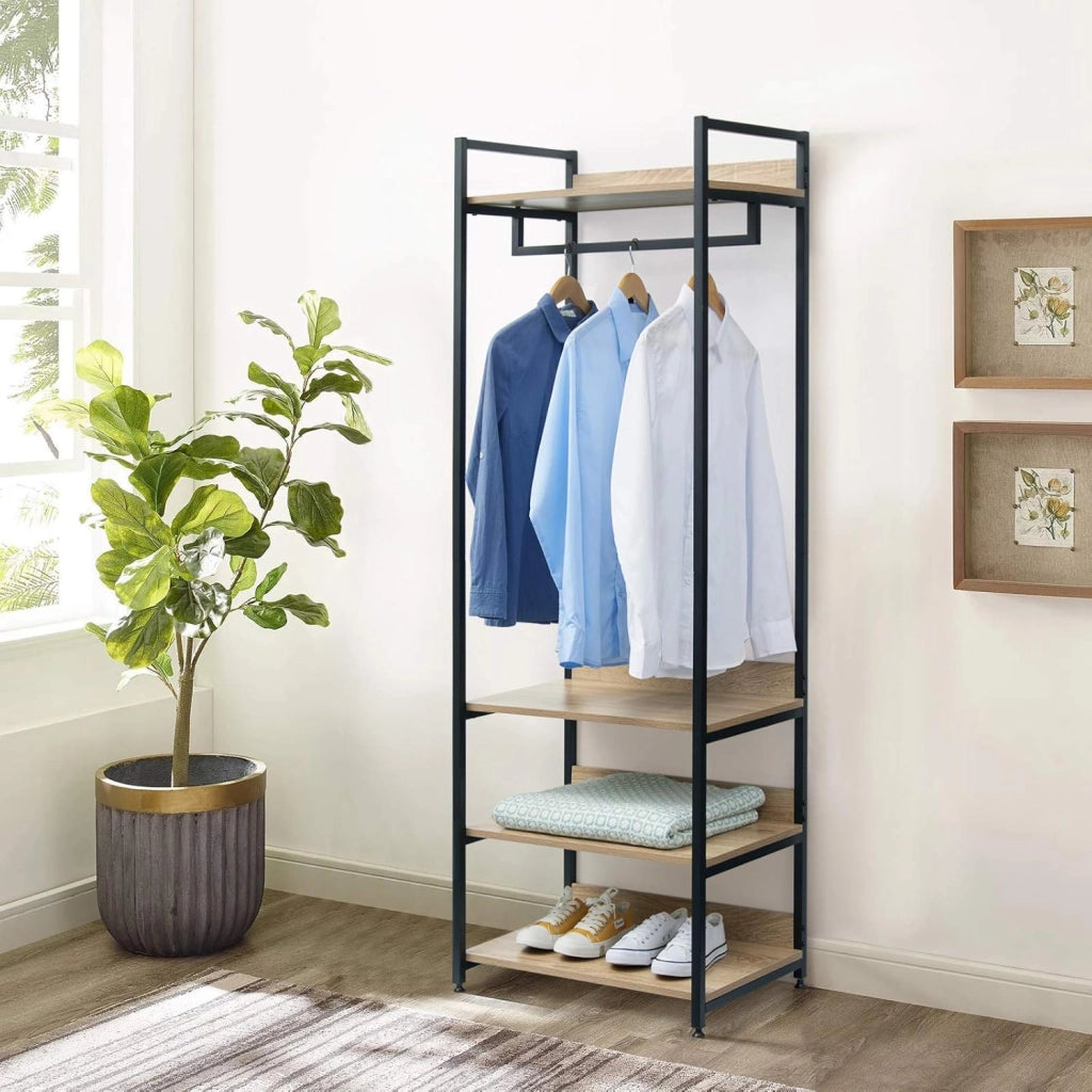 Stand Appendiabiti con Ripiani Attaccapanni per Cameretta Guardaroba con Scarpiera Scaffale Porta Abiti in Legno e Acciaio 60x40x170 cm