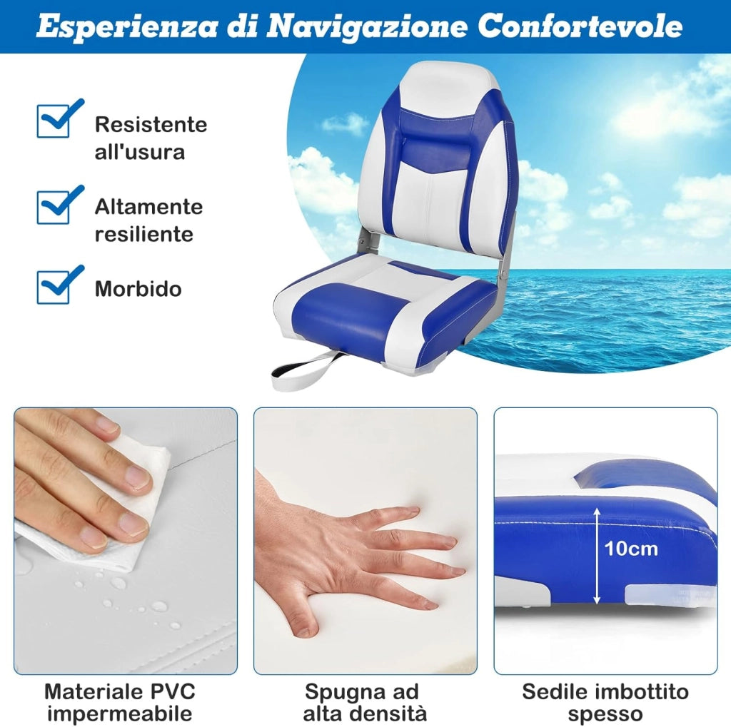 Sedia da Barca, Sedile da Barca Pieghevole con Morbido Cuscino Imbottito, Rivestimento in PVC Impermeabile, Blu (1)