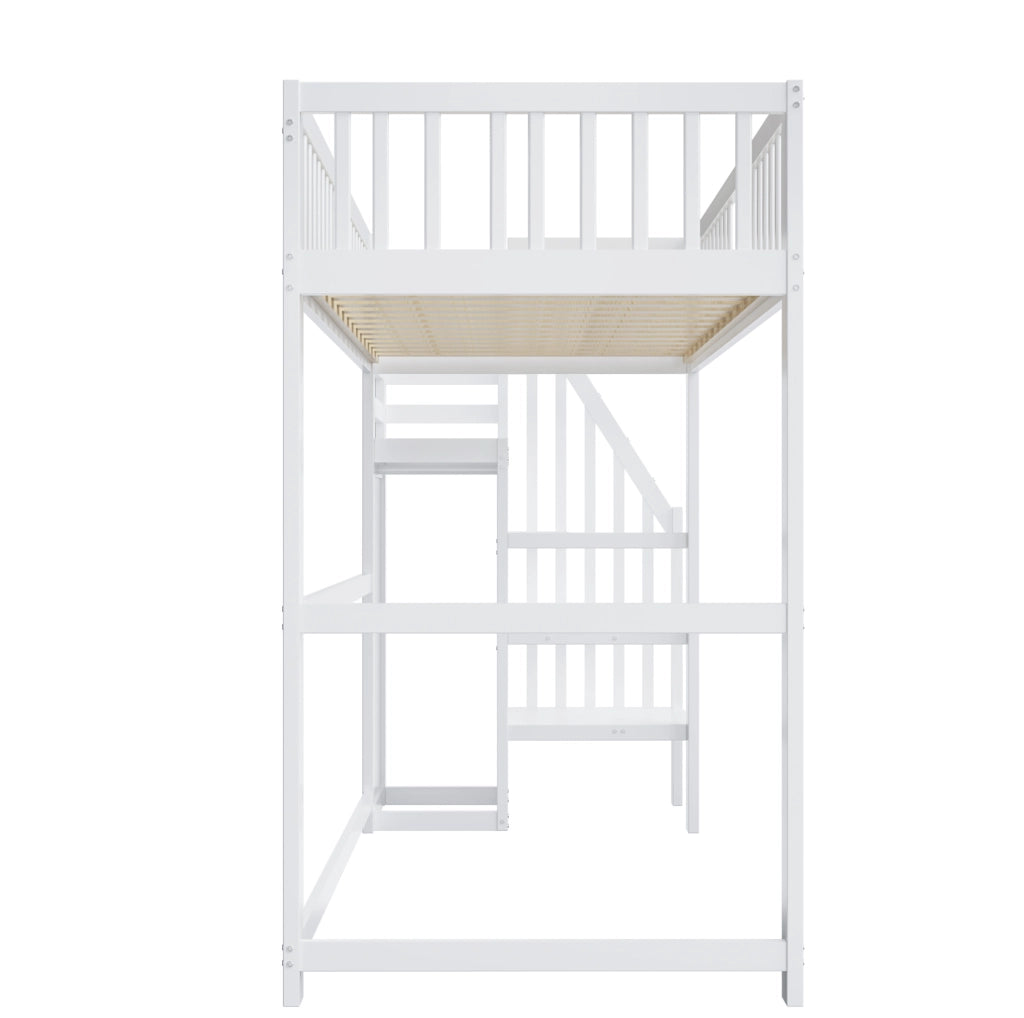 Letto a soppalco 90x200 cm; con scala e armadio; legno; bianco (Senza materasso)