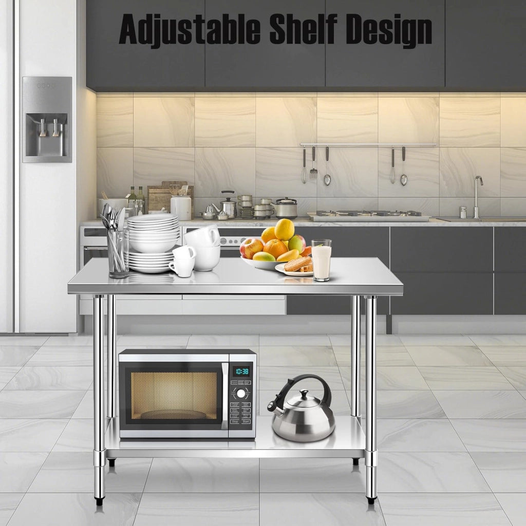 Tavolo da lavoro in acciaio inox, tavolo per la preparazione dei pasti a 2 livelli, tavolo da cucina con carico di 250 kg, mobile di servizio per ristorante, sala da pranzo (122 x 61 x 90 cm